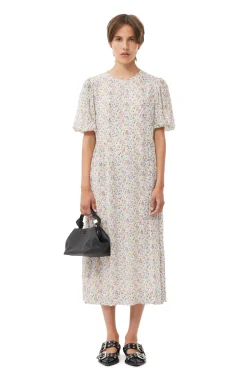 Shop GANNI Printed Georgette Puff Sleeve Midi Dress Egret