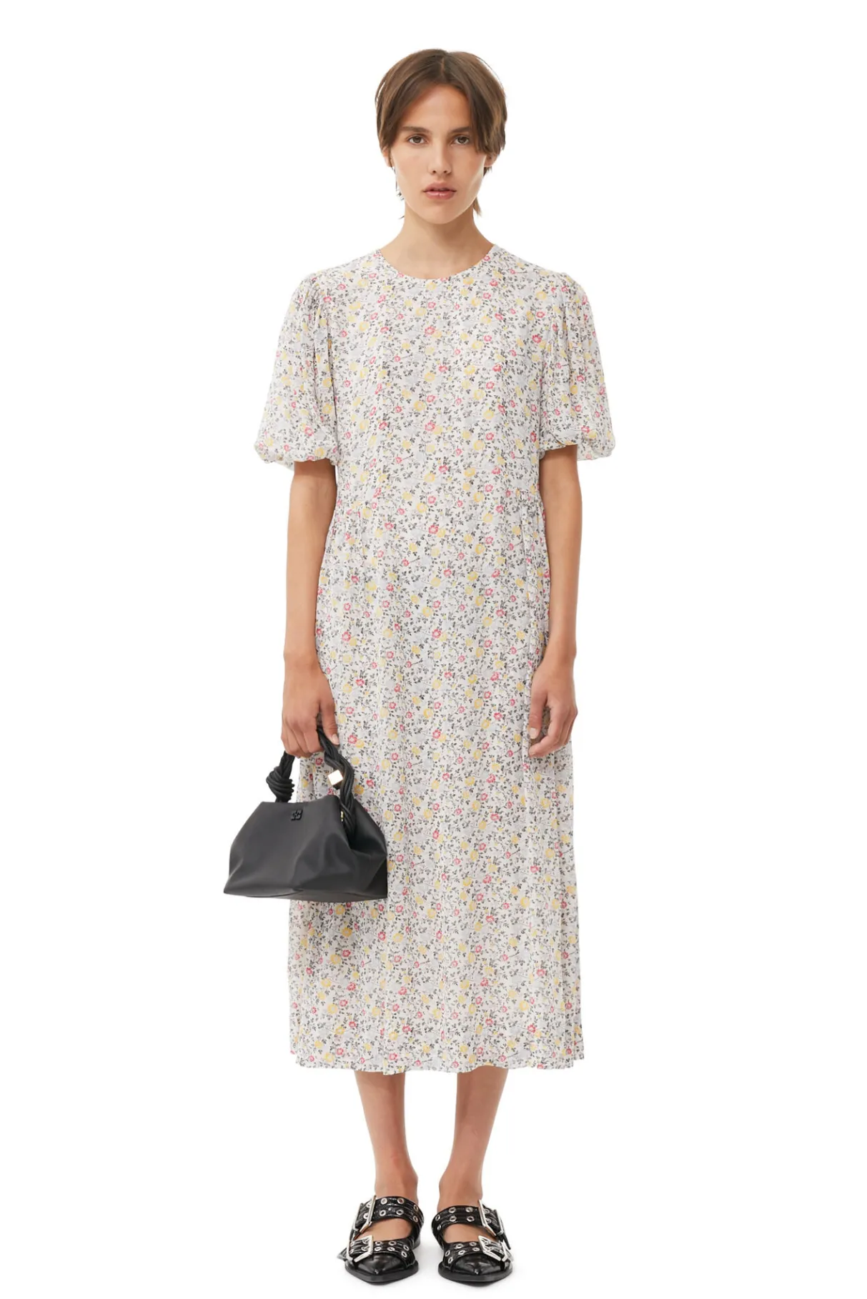 Shop GANNI Printed Georgette Puff Sleeve Midi Dress Egret