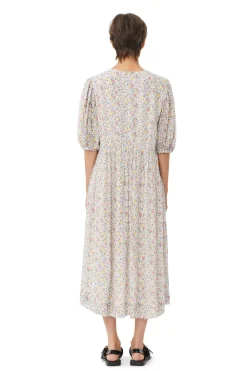 Shop GANNI Printed Georgette Puff Sleeve Midi Dress Egret