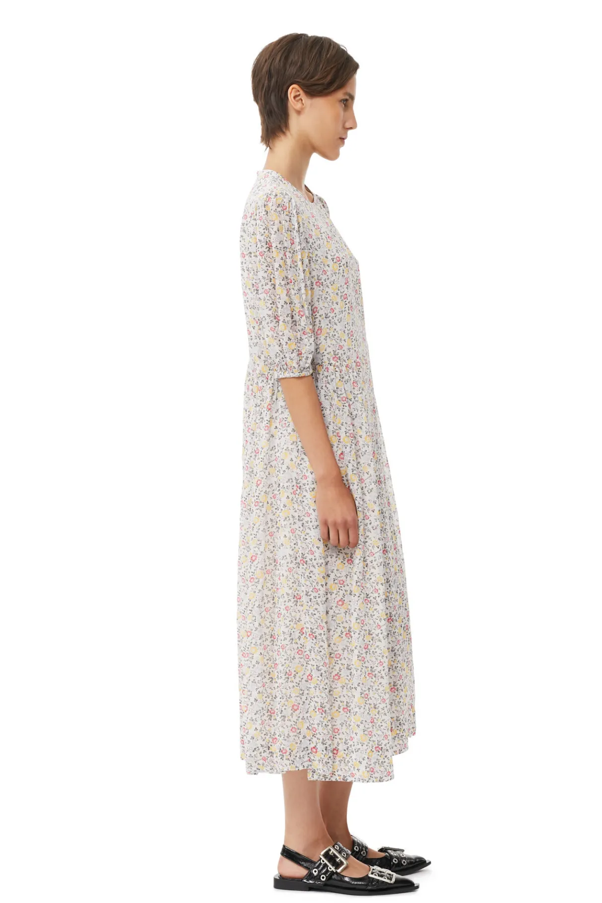 Shop GANNI Printed Georgette Puff Sleeve Midi Dress Egret