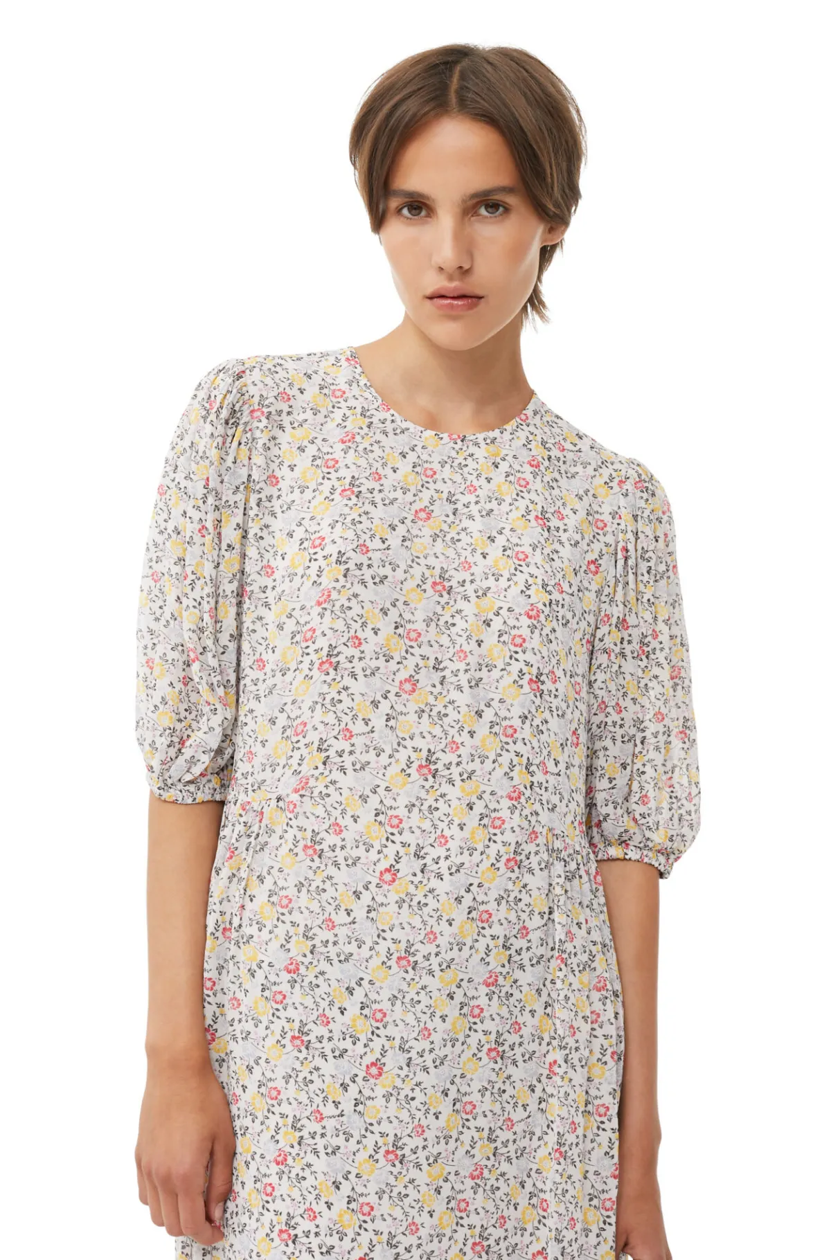 Shop GANNI Printed Georgette Puff Sleeve Midi Dress Egret