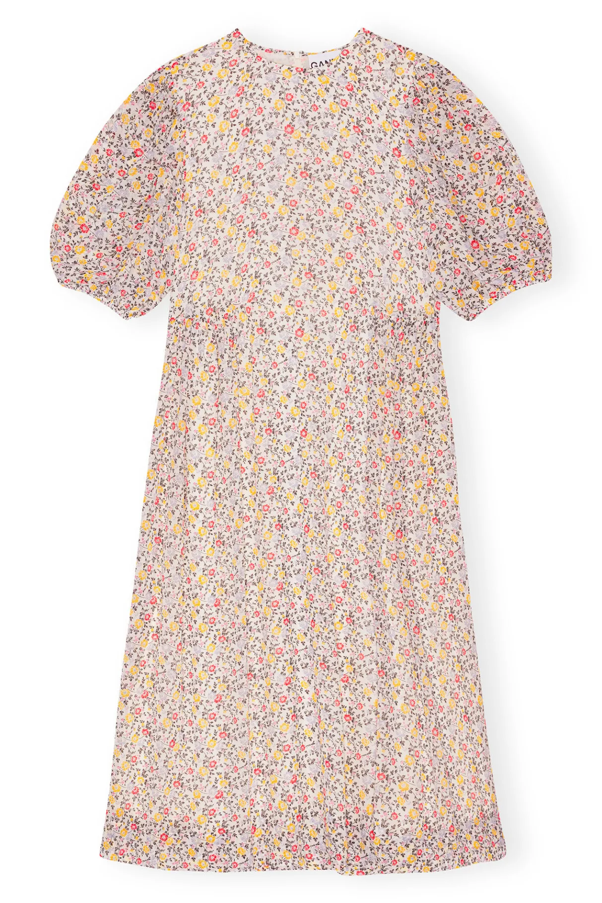 Shop GANNI Printed Georgette Puff Sleeve Midi Dress Egret