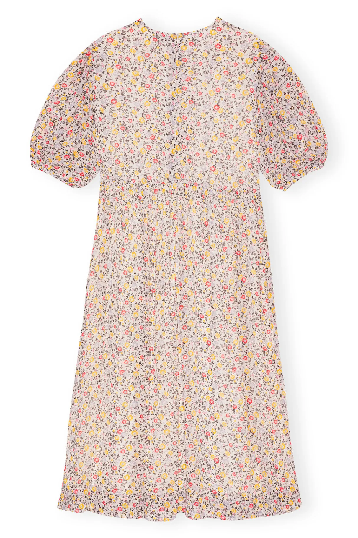 Shop GANNI Printed Georgette Puff Sleeve Midi Dress Egret