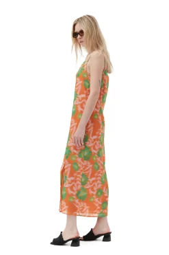 Cheap GANNI Printed Light Crepe Slip Dress Vibrant Orange