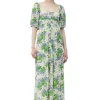 Clearance GANNI Printed Mesh Puff Sleeves Long Dress Egret