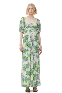 Clearance GANNI Printed Mesh Puff Sleeves Long Dress Egret