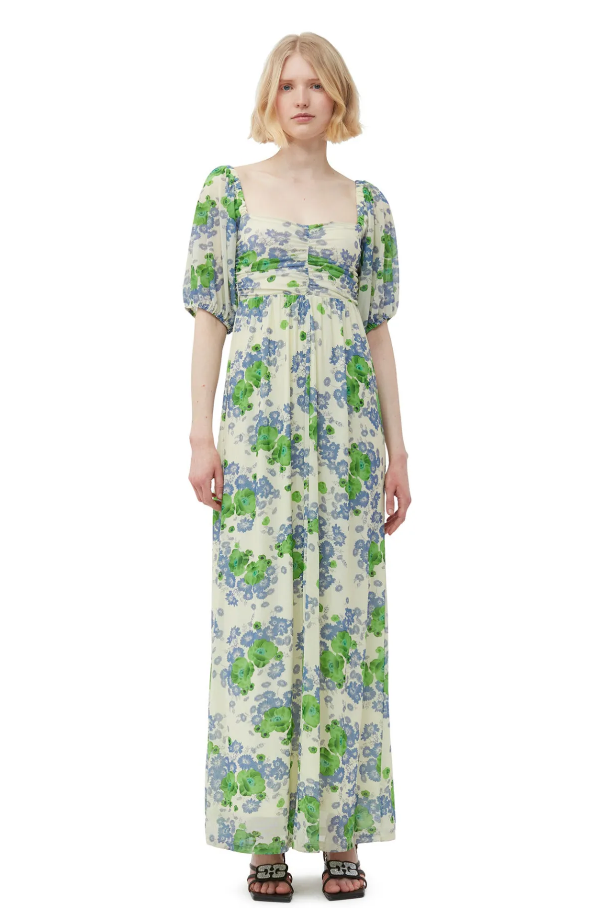 Clearance GANNI Printed Mesh Puff Sleeves Long Dress Egret
