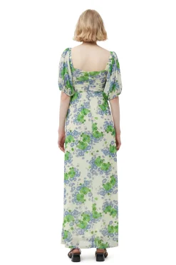 Clearance GANNI Printed Mesh Puff Sleeves Long Dress Egret