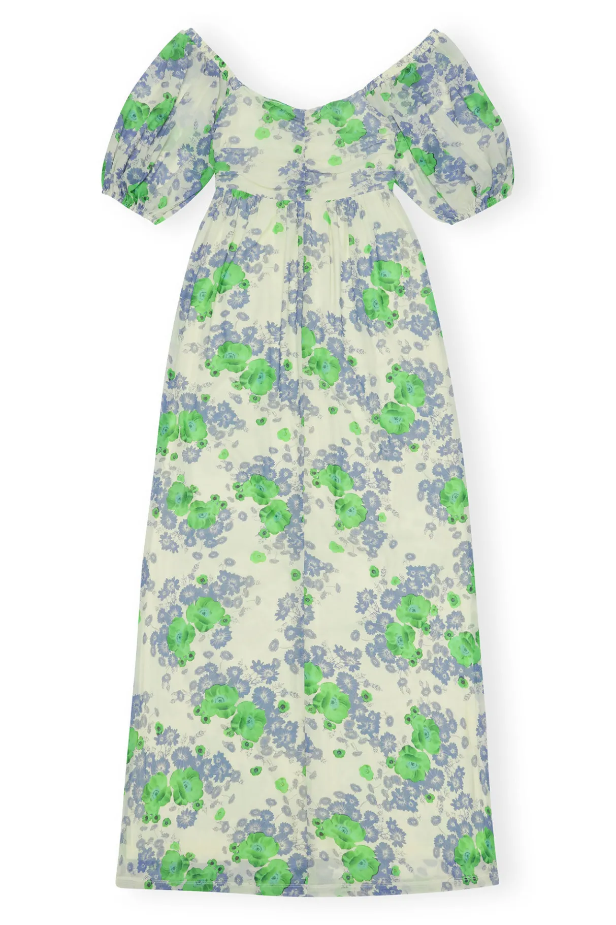 Clearance GANNI Printed Mesh Puff Sleeves Long Dress Egret