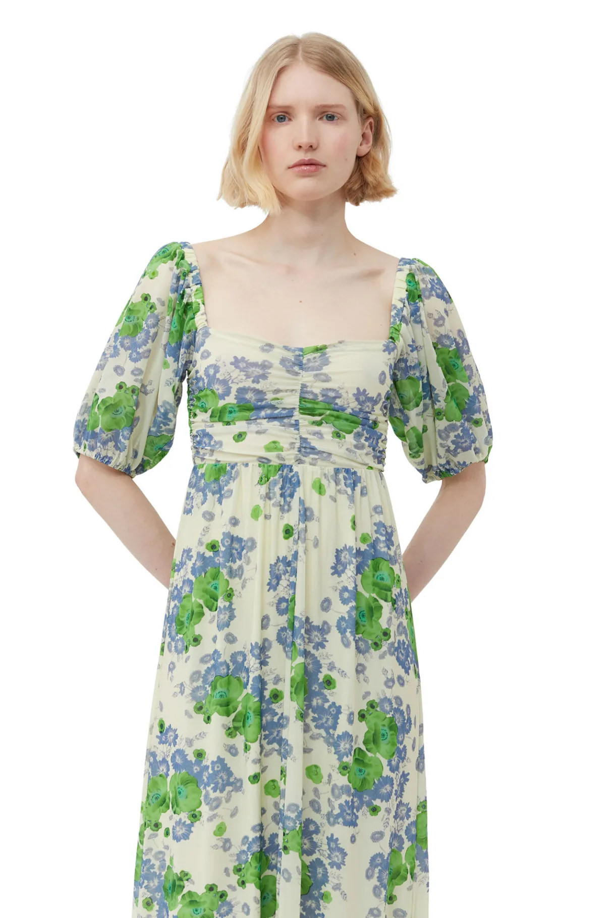 Clearance GANNI Printed Mesh Puff Sleeves Long Dress Egret