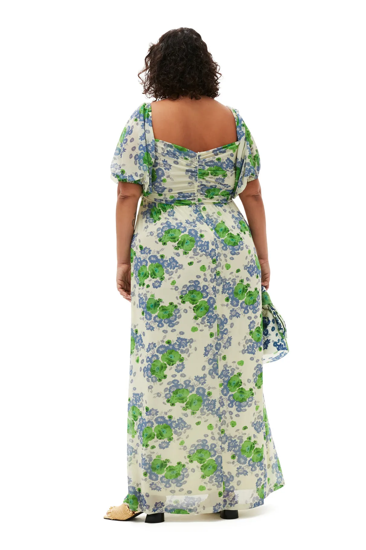 Clearance GANNI Printed Mesh Puff Sleeves Long Dress Egret