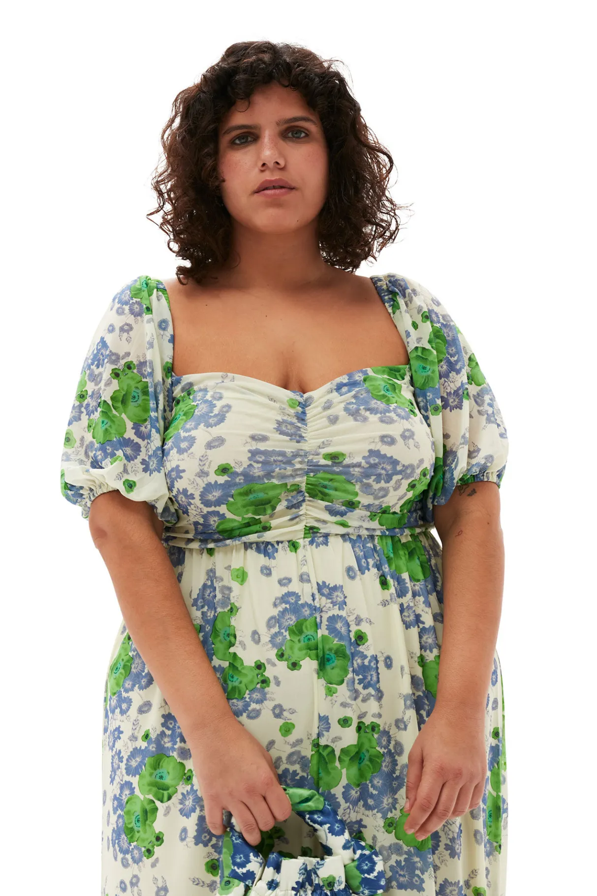 Clearance GANNI Printed Mesh Puff Sleeves Long Dress Egret