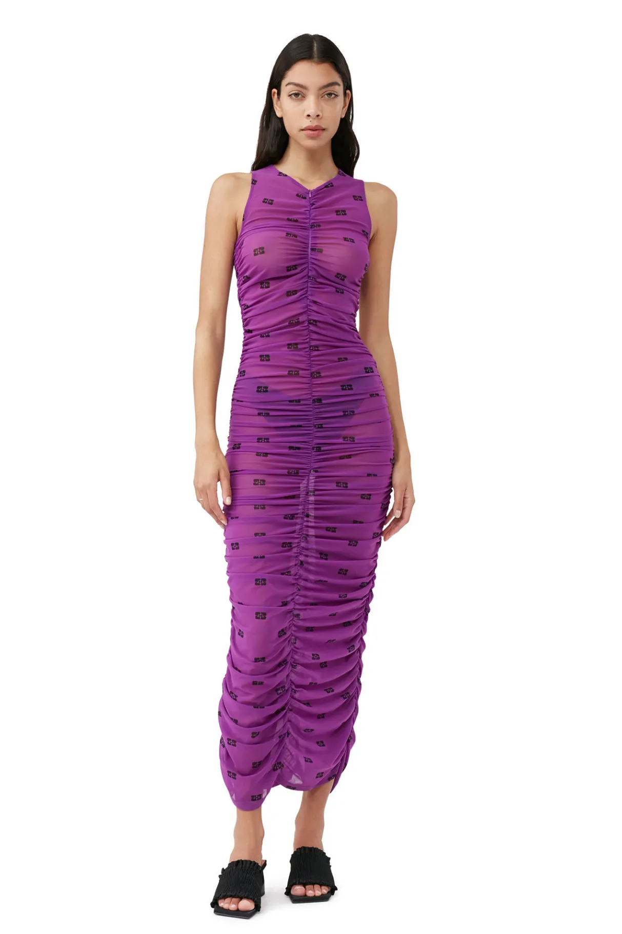 Clearance GANNI Printed Mesh Ruched Sleeveless Long Dress Sparkling Grape