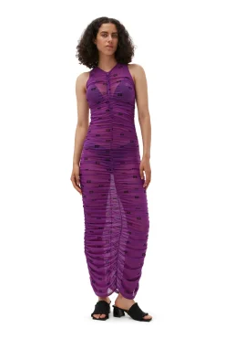 Clearance GANNI Printed Mesh Ruched Sleeveless Long Dress Sparkling Grape