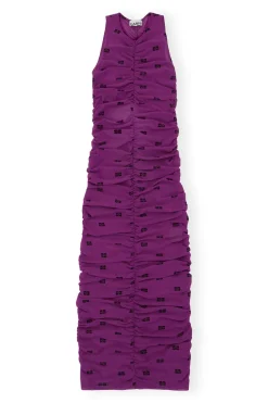 Clearance GANNI Printed Mesh Ruched Sleeveless Long Dress Sparkling Grape