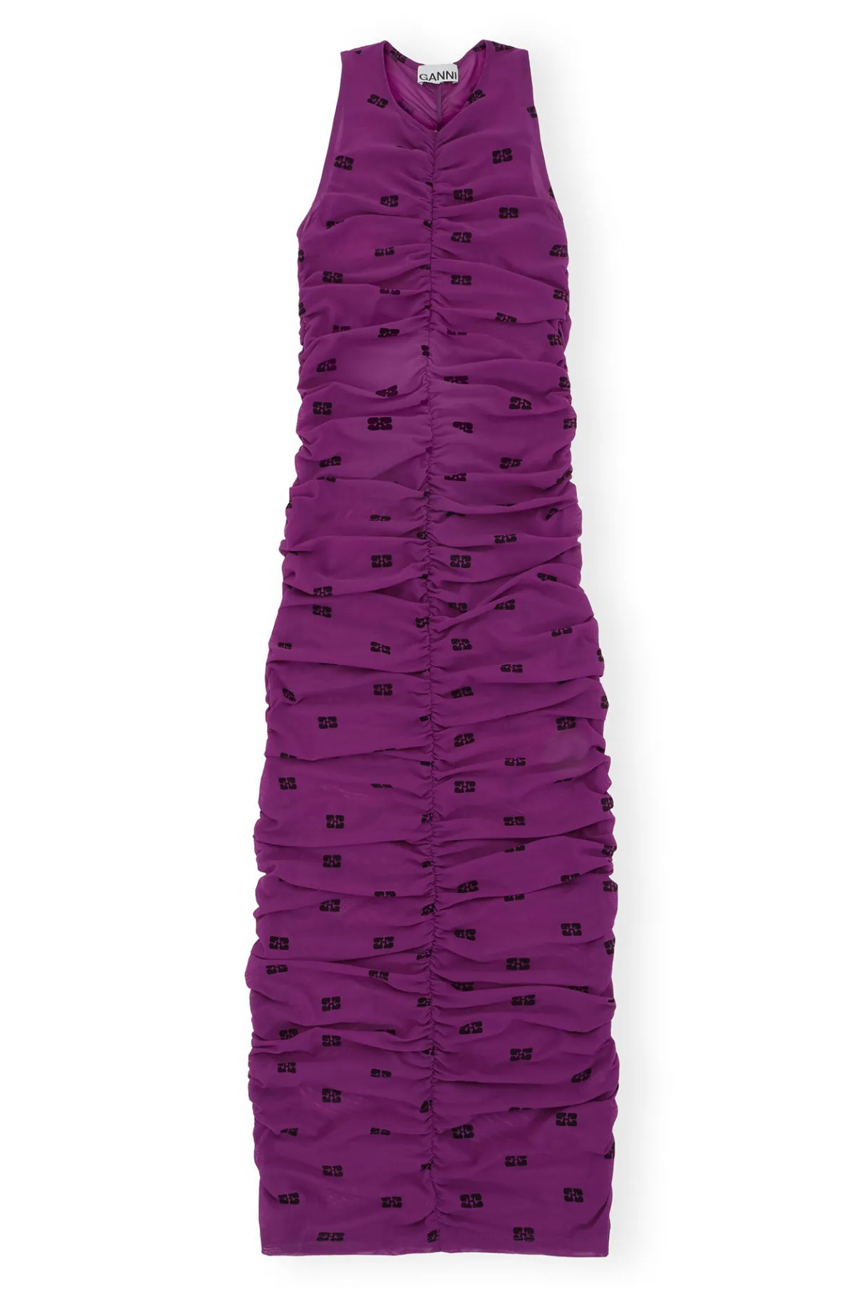 Clearance GANNI Printed Mesh Ruched Sleeveless Long Dress Sparkling Grape