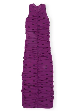 Clearance GANNI Printed Mesh Ruched Sleeveless Long Dress Sparkling Grape