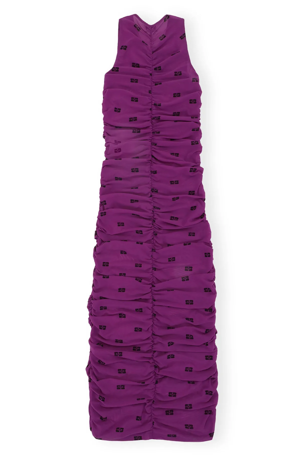 Clearance GANNI Printed Mesh Ruched Sleeveless Long Dress Sparkling Grape