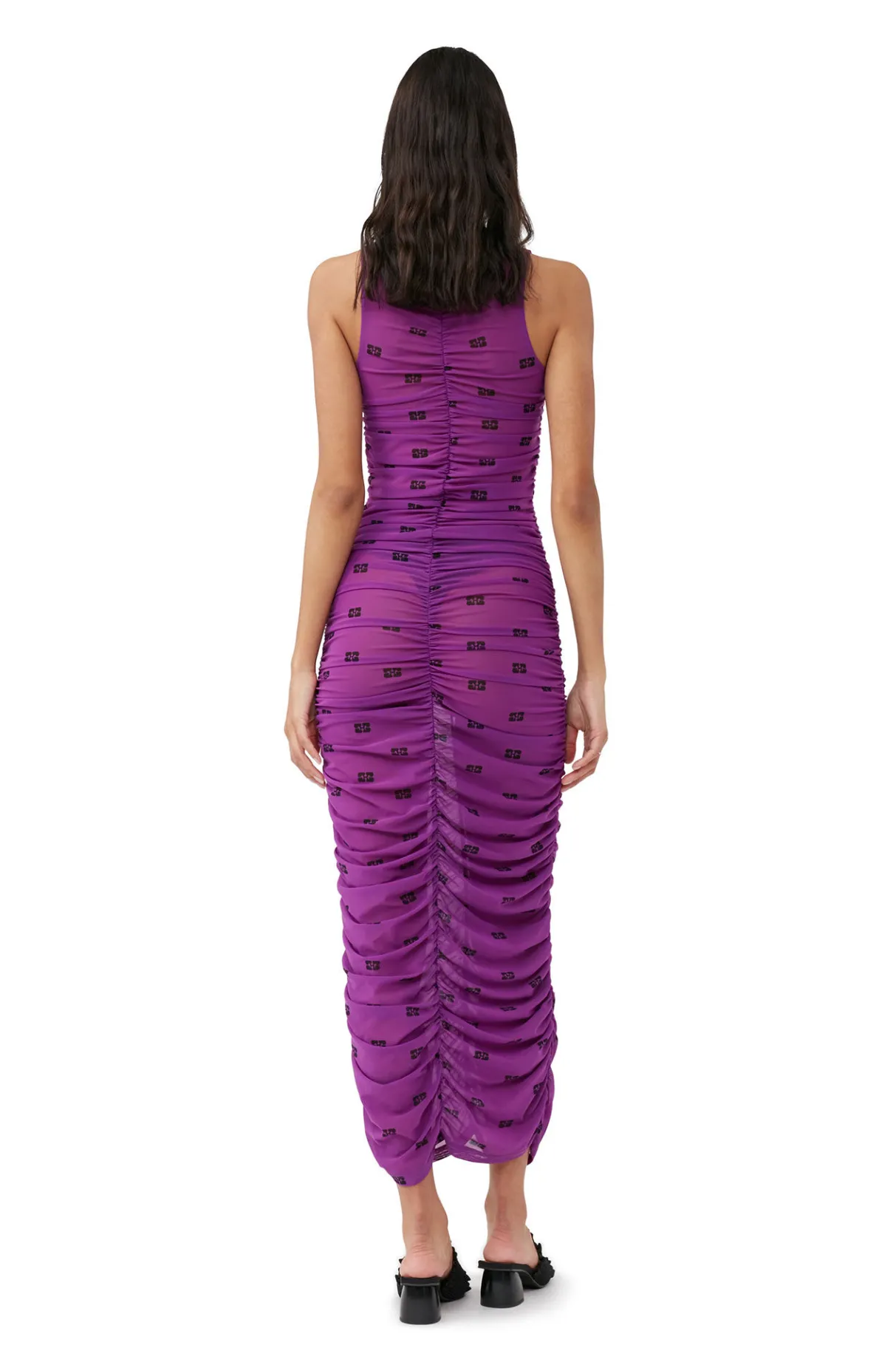 Clearance GANNI Printed Mesh Ruched Sleeveless Long Dress Sparkling Grape