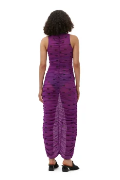 Clearance GANNI Printed Mesh Ruched Sleeveless Long Dress Sparkling Grape