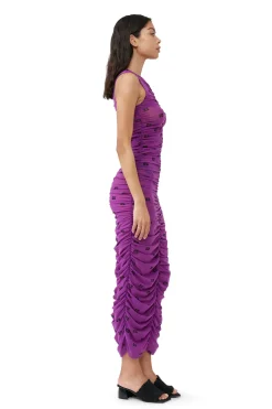 Clearance GANNI Printed Mesh Ruched Sleeveless Long Dress Sparkling Grape