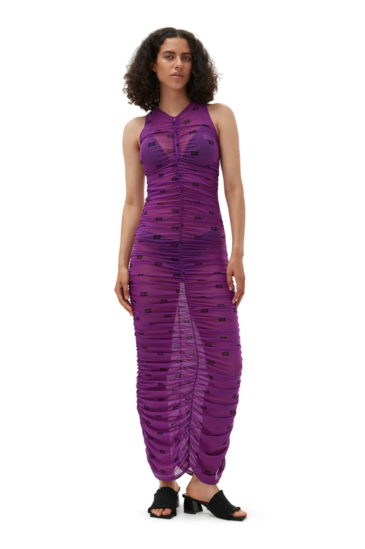 Clearance GANNI Printed Mesh Ruched Sleeveless Long Dress Sparkling Grape