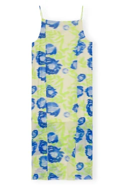 Best GANNI Printed Mesh Slip Dress Strong Blue