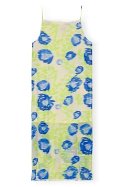 Best GANNI Printed Mesh Slip Dress Strong Blue