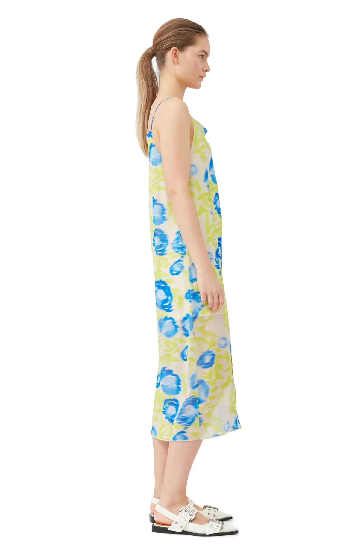 Best GANNI Printed Mesh Slip Dress Strong Blue