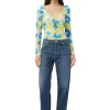 Outlet GANNI Printed Mesh U-Neck Ruched Blouse Strong Blue