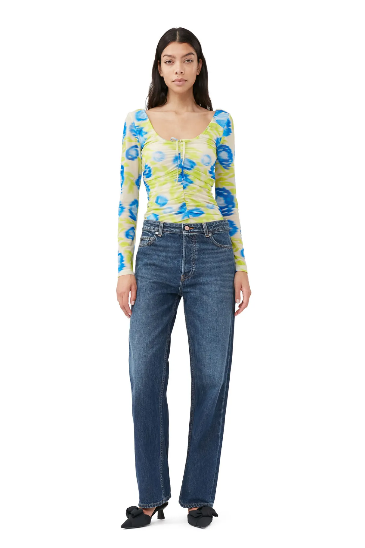 Outlet GANNI Printed Mesh U-Neck Ruched Blouse Strong Blue