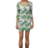 Cheap GANNI Printed Mesh U-Neck Ruched Mini Dress Egret