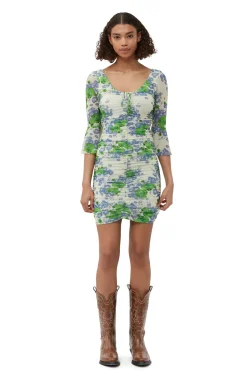 Cheap GANNI Printed Mesh U-Neck Ruched Mini Dress Egret