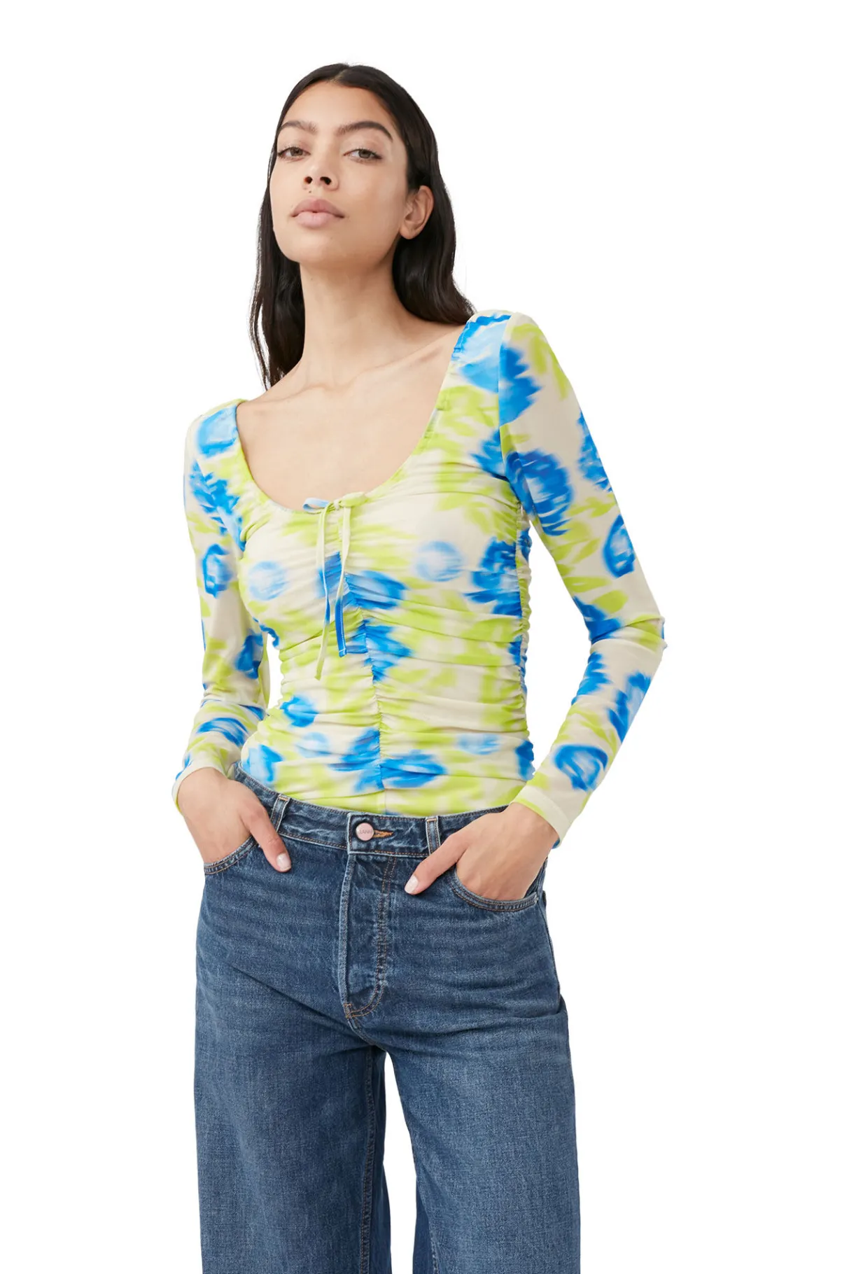 Outlet GANNI Printed Mesh U-Neck Ruched Blouse Strong Blue