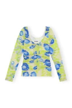 Outlet GANNI Printed Mesh U-Neck Ruched Blouse Strong Blue
