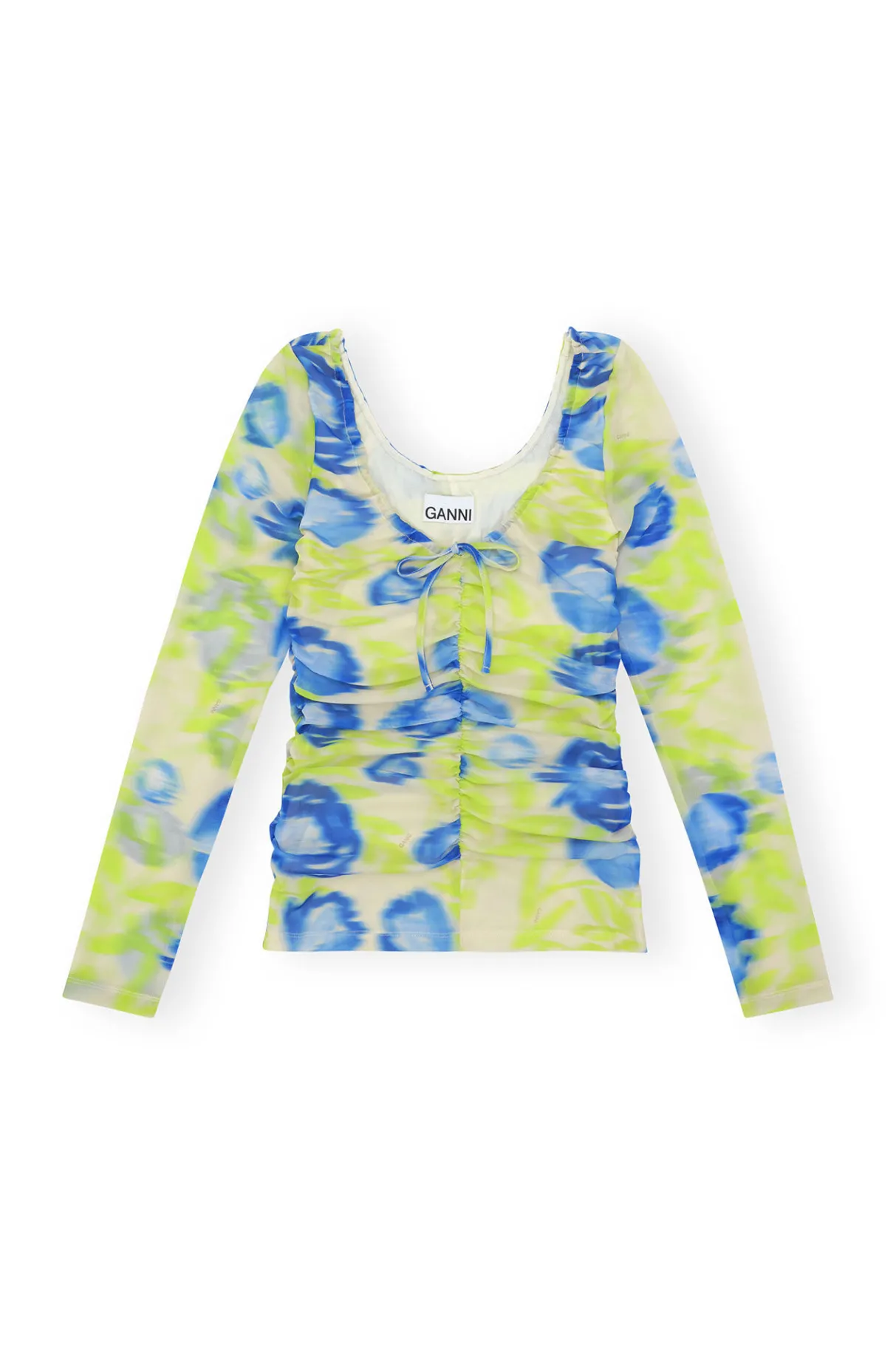 Outlet GANNI Printed Mesh U-Neck Ruched Blouse Strong Blue