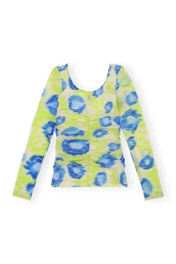 Outlet GANNI Printed Mesh U-Neck Ruched Blouse Strong Blue
