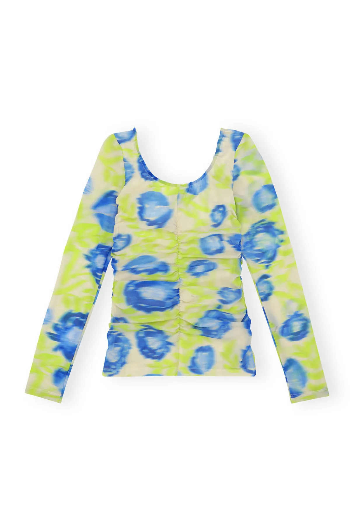 Outlet GANNI Printed Mesh U-Neck Ruched Blouse Strong Blue