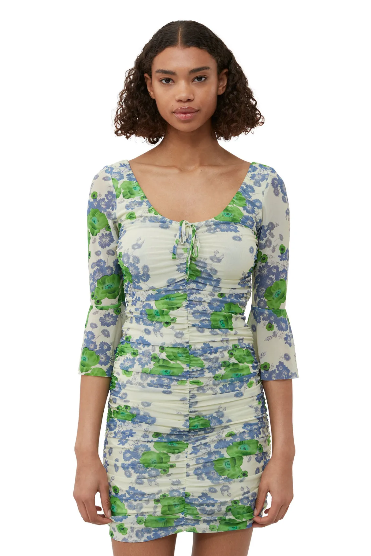 Cheap GANNI Printed Mesh U-Neck Ruched Mini Dress Egret