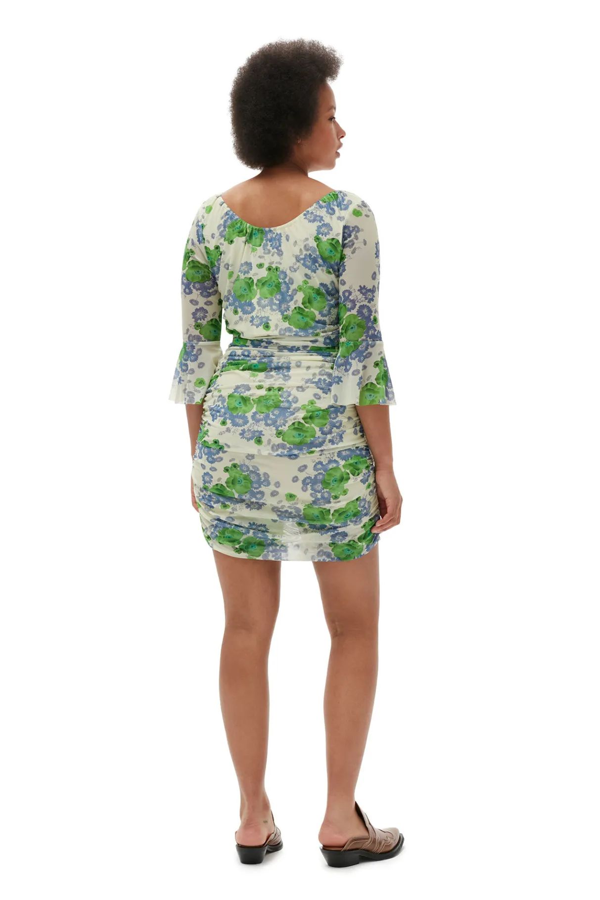 Cheap GANNI Printed Mesh U-Neck Ruched Mini Dress Egret
