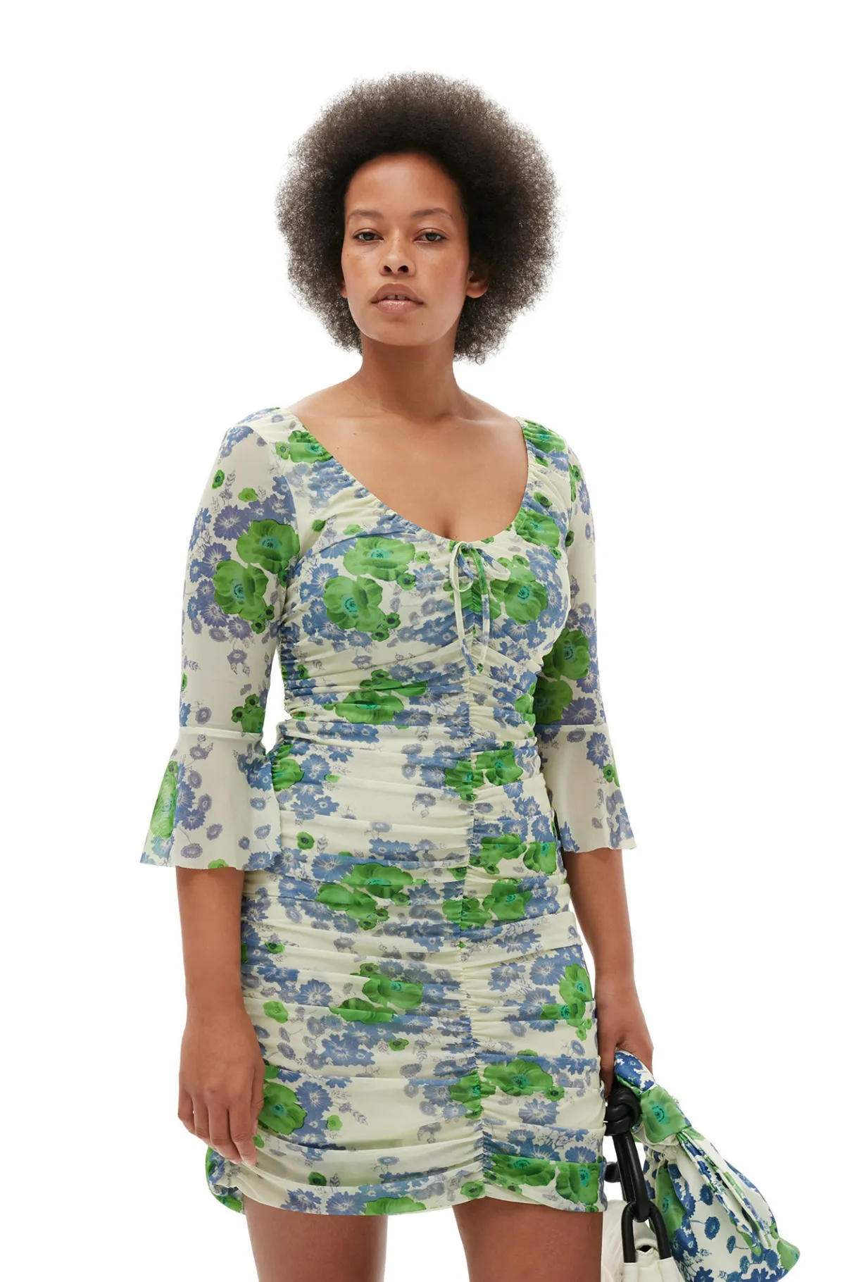 Cheap GANNI Printed Mesh U-Neck Ruched Mini Dress Egret