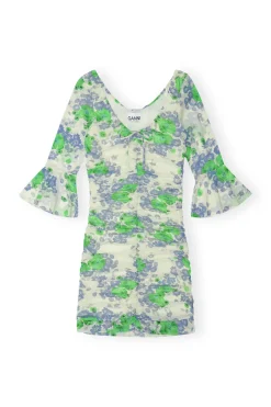 Cheap GANNI Printed Mesh U-Neck Ruched Mini Dress Egret