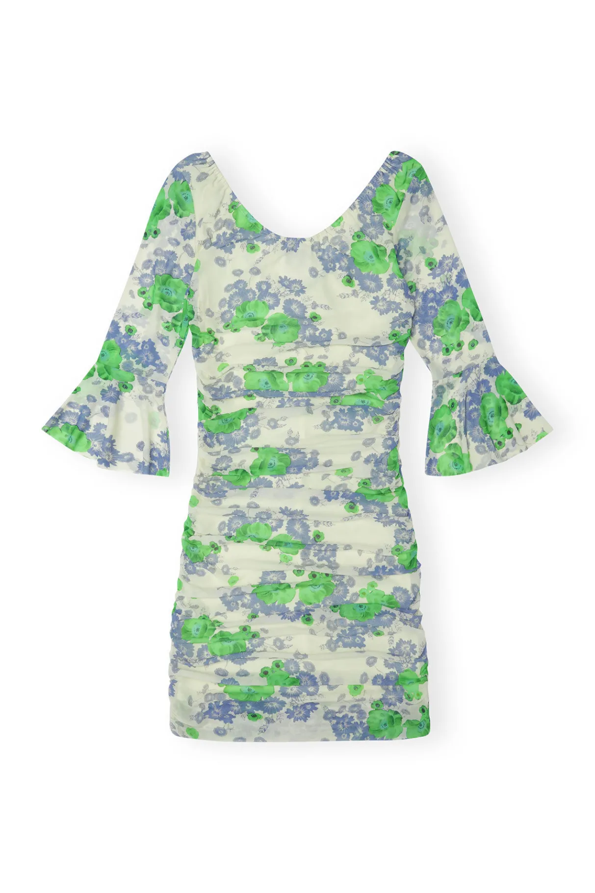 Cheap GANNI Printed Mesh U-Neck Ruched Mini Dress Egret