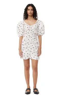 Shop GANNI Printed U-Neck Mini Dress Egret