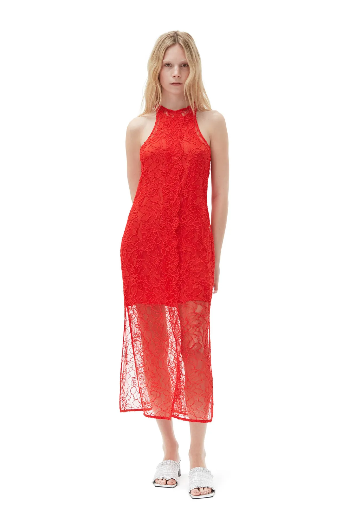 Best Sale GANNI Red Lace Halter Neck Dress Red Alert