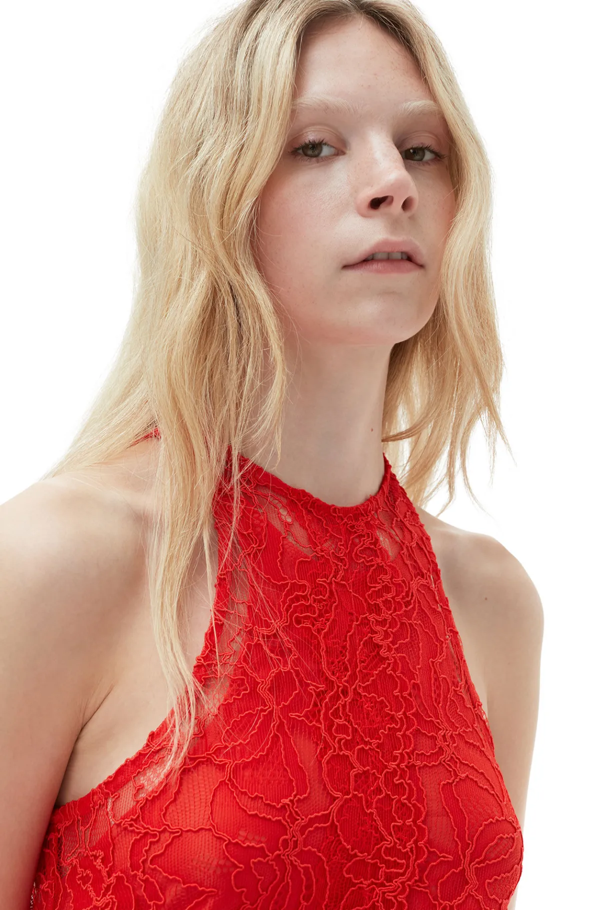 Best Sale GANNI Red Lace Halter Neck Dress Red Alert