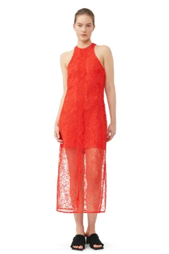 Best Sale GANNI Red Lace Halter Neck Dress Red Alert