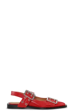 Cheap GANNI Red Wide Welt Buckle Ballerinas Racing Red