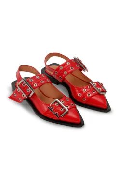 Cheap GANNI Red Wide Welt Buckle Ballerinas Racing Red
