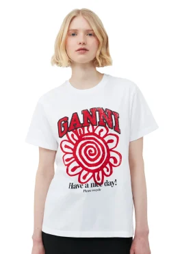 Best Sale GANNI Relaxed Red Flower T-Shirt Bright White